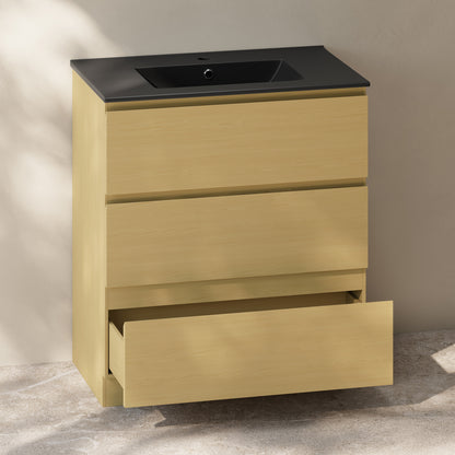 Swiss Madison, Liberte 30" Freestanding Bathroom Vanity in Natural Oak with Black Sink Top