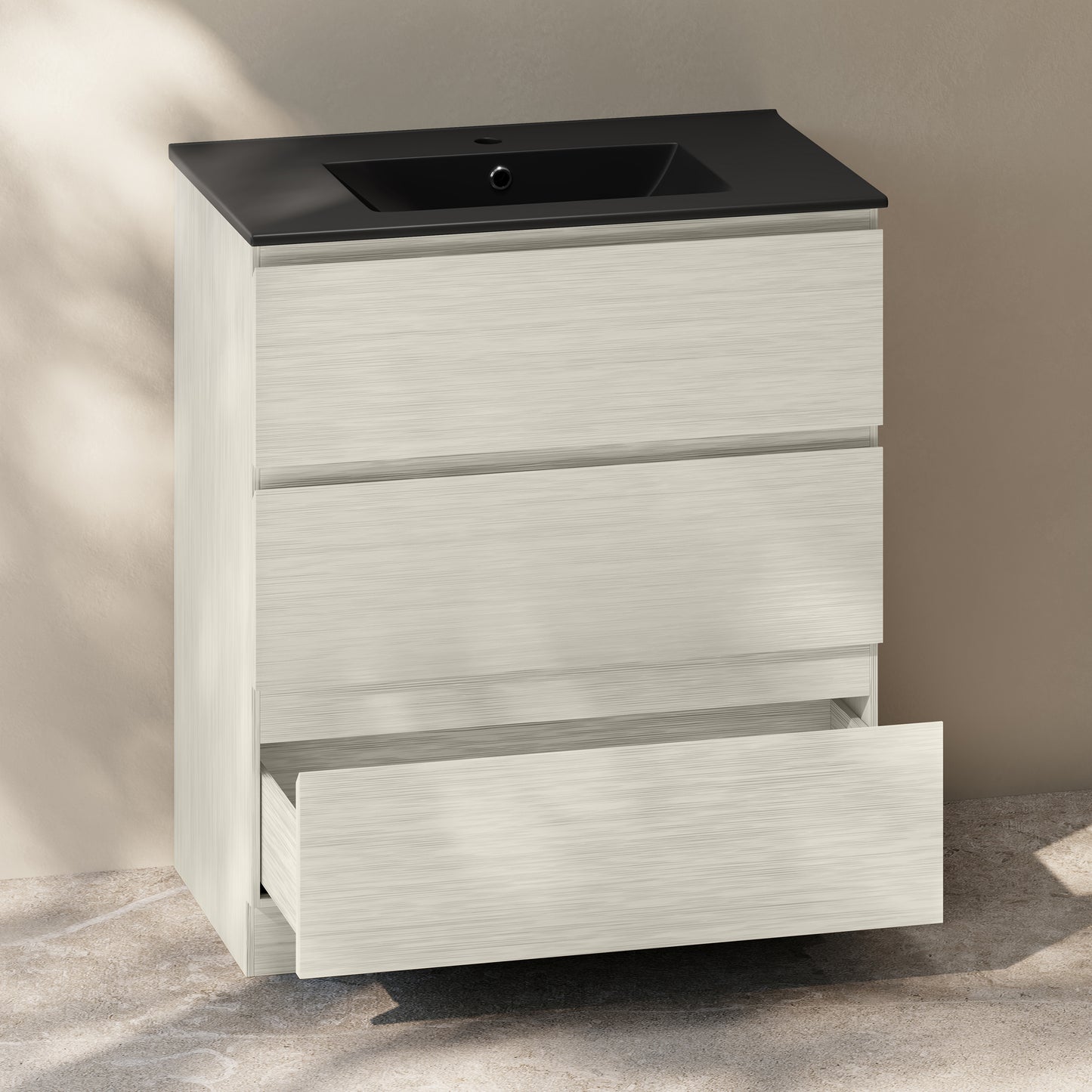 Swiss Madison, Liberte 30" Freestanding Bathroom Vanity in White Oak with Black Sink Top