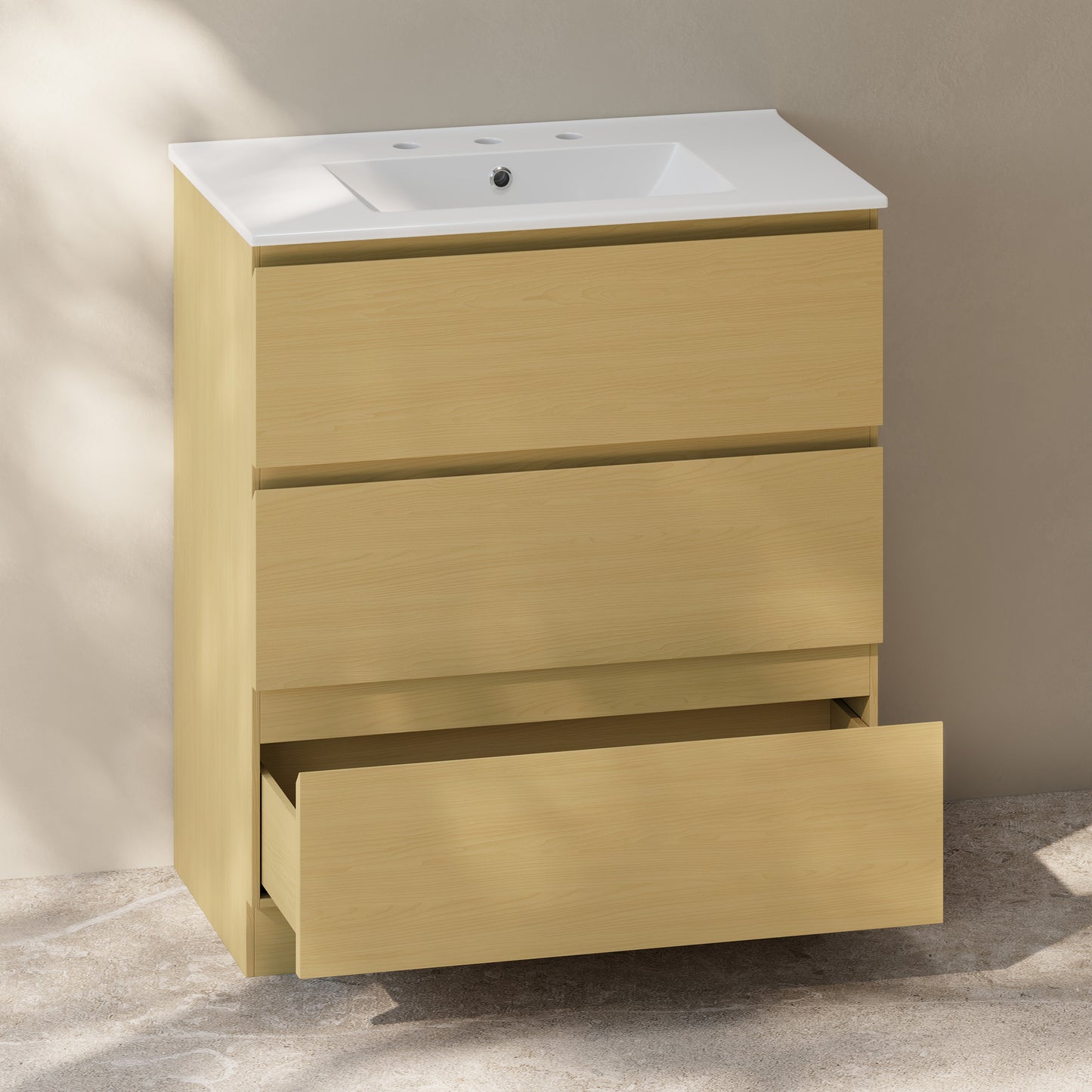 Swiss Madison, Liberte 30" Freestanding Bathroom Vanity in Natural Oak with 3-Hole Widespread Sink Top