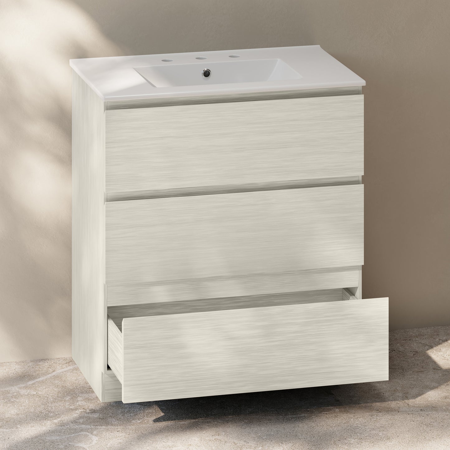 Swiss Madison, Liberte 30" Freestanding Bathroom Vanity in White Oak with 3-Hole Widespread Sink Top