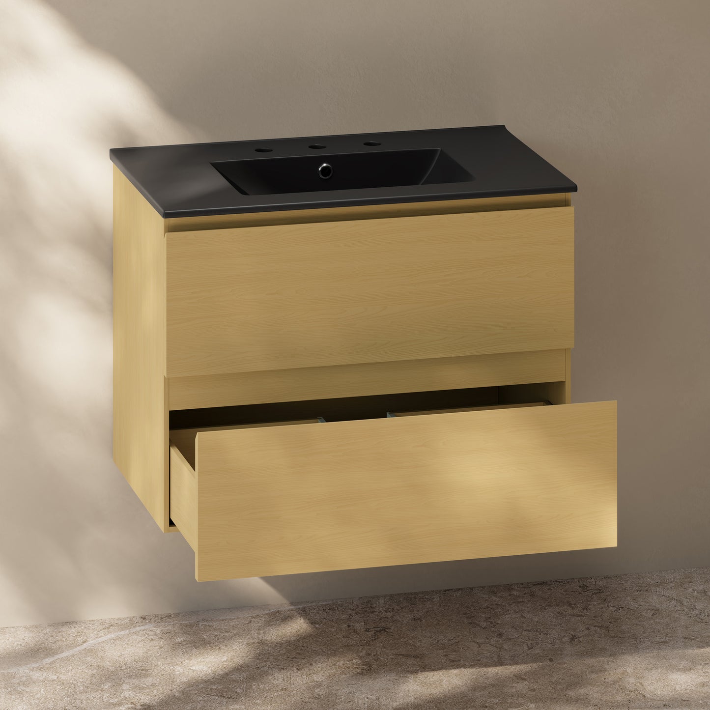Swiss Madison, Liberte 30" Freestanding Bathroom Vanity in Natural Oak with Black 3-Hole Widespread Sink Top