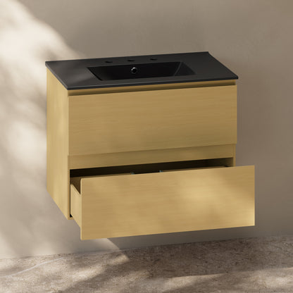 Swiss Madison, Liberte 30" Freestanding Bathroom Vanity in Natural Oak with Black 3-Hole Widespread Sink Top