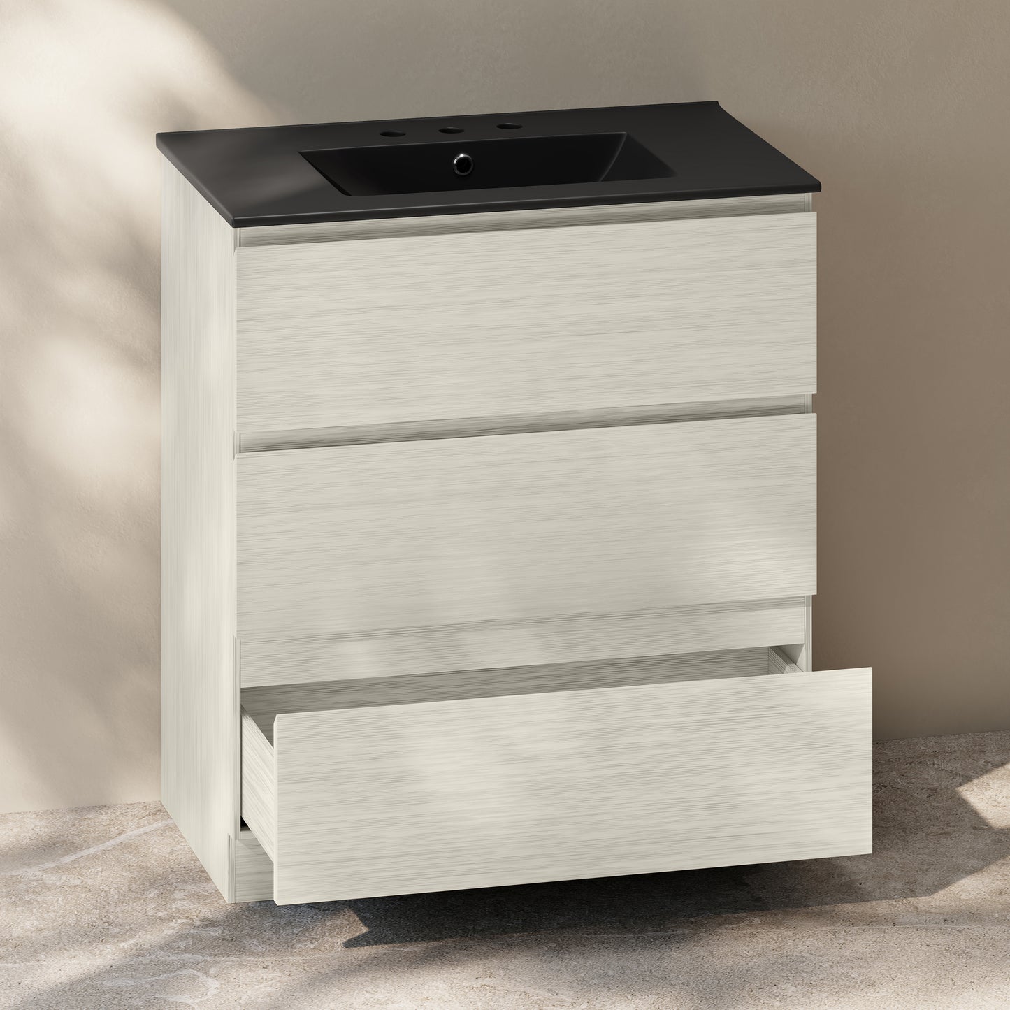 Swiss Madison, Liberte 30" Freestanding Bathroom Vanity in White Oak with Black 3-Hole Widespread Sink Top