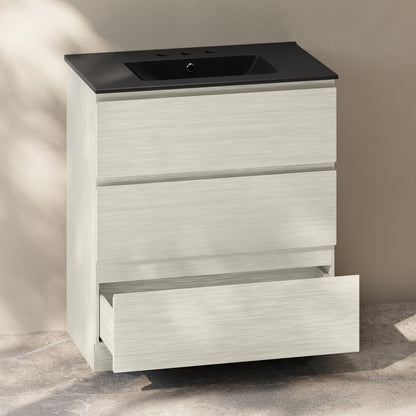 Swiss Madison, Liberte 30" Freestanding Bathroom Vanity in White Oak with Black 3-Hole Widespread Sink Top
