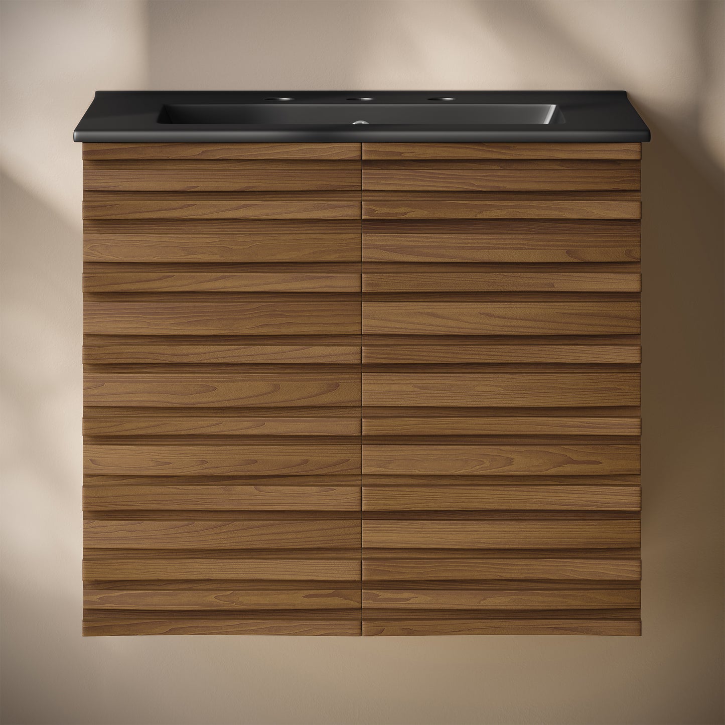 Swiss Madison, Cascade 24" Wall-Mounted Bathroom Vanity in Brown Oak with Black 3-Hole Widespread Sink Top
