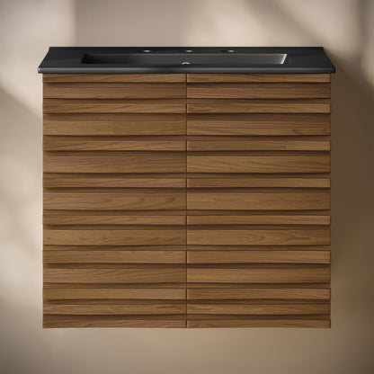 Swiss Madison, Cascade 24" Wall-Mounted Bathroom Vanity in Brown Oak with Black 3-Hole Widespread Sink Top