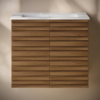 Swiss Madison, Cascade 24" Wall-Mounted Bathroom Vanity in Brown Oak with 3-Hole Widespread Sink Top
