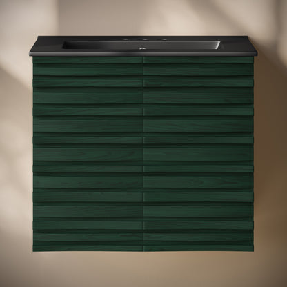 Swiss Madison, Cascade 24" Wall-Mounted Bathroom Vanity in Green Oak with Black 3-Hole Centerset Sink Top