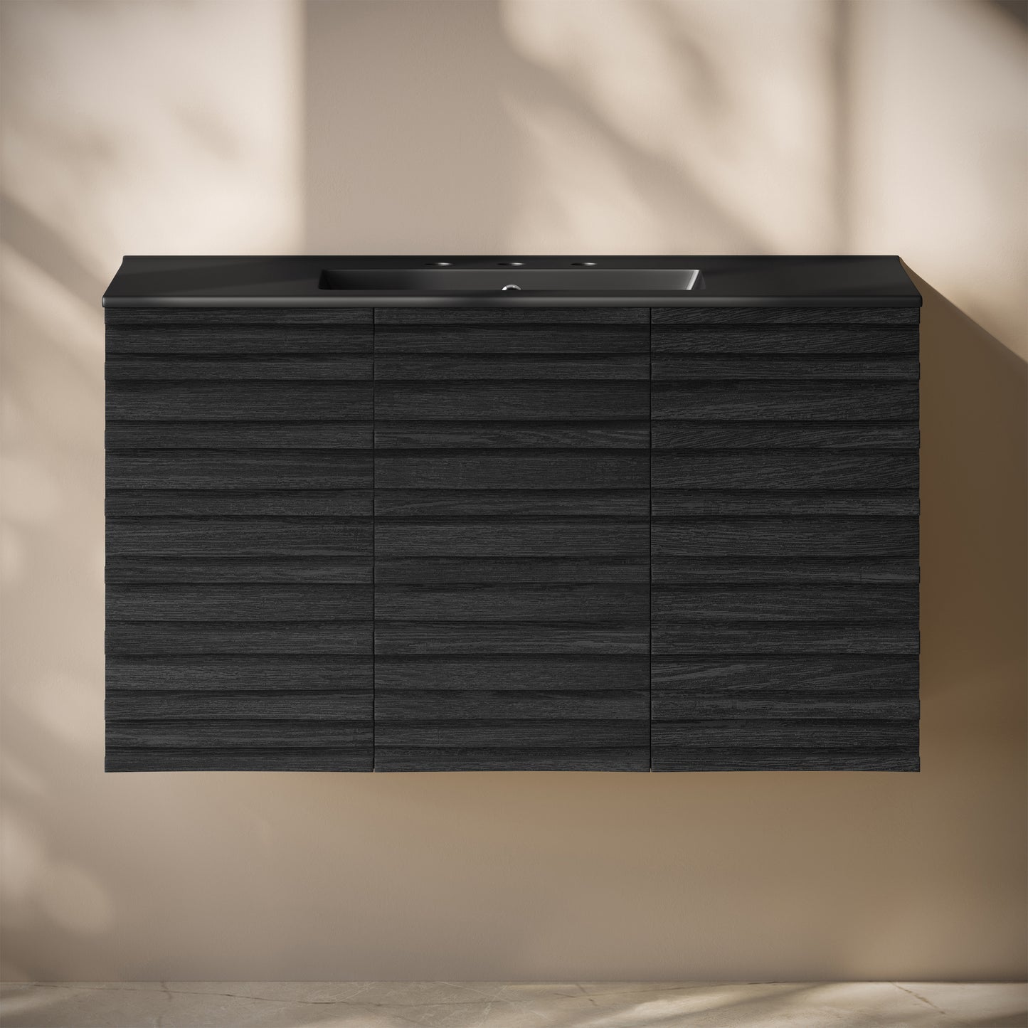 Swiss Madison, Cascade 36" Wall-Mounted Bathroom Vanity in Black Oak with Black 3-Hole Widespread Sink Top