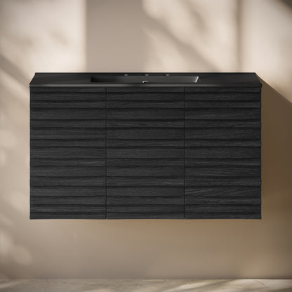 Swiss Madison, Cascade 36" Wall-Mounted Bathroom Vanity in Black Oak with Black 3-Hole Widespread Sink Top