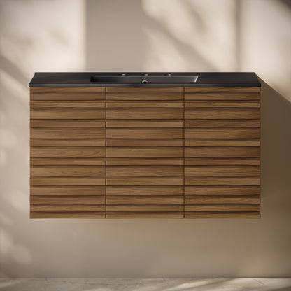 Swiss Madison, Cascade 36" Wall-Mounted Bathroom Vanity in Brown Oak with Black 3-Hole Widespread Sink Top