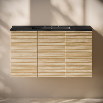 Swiss Madison, Cascade 36" Wall-Mounted Bathroom Vanity in Natural Oak with Black 3-Hole Widespread Sink Top