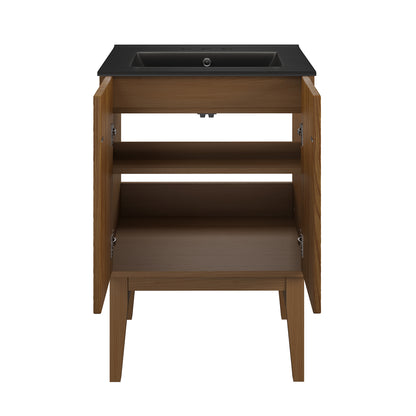 Swiss Madison, Bosse 24" Freestanding Bathroom Vanity in Brown Oak with Black 3-Hole Centerset Sink Top