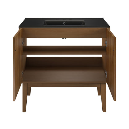 Swiss Madison, Bosse 36" Freestanding Bathroom Vanity in Brown Oak with Black 3-Hole Widespread Sink Top