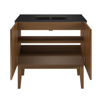 Swiss Madison, Bosse 36" Freestanding Bathroom Vanity in Brown Oak with Black Sink Top