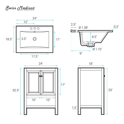 Swiss Madison, Chateau 24" Freestanding Bathroom Vanity in Brown Oak with 3-Hole Centerset Sink Top