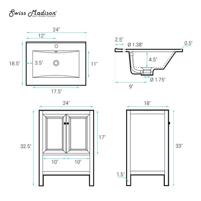 Swiss Madison, Chateau 24" Freestanding Bathroom Vanity in Brown Oak with Black Sink Top