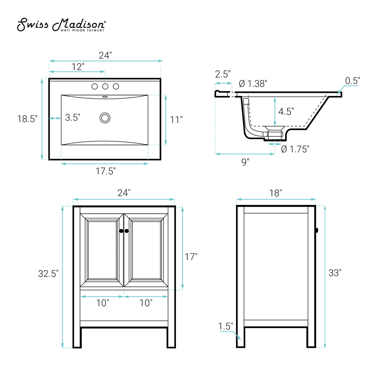 Swiss Madison, Chateau 24" Freestanding Bathroom Vanity in White Oak with 3-Hole Centerset Sink Top