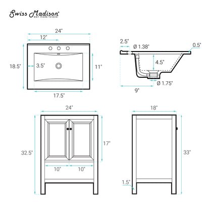 Swiss Madison, Chateau 24" Freestanding Bathroom Vanity in White Oak with 3-Hole Widespread Sink Top