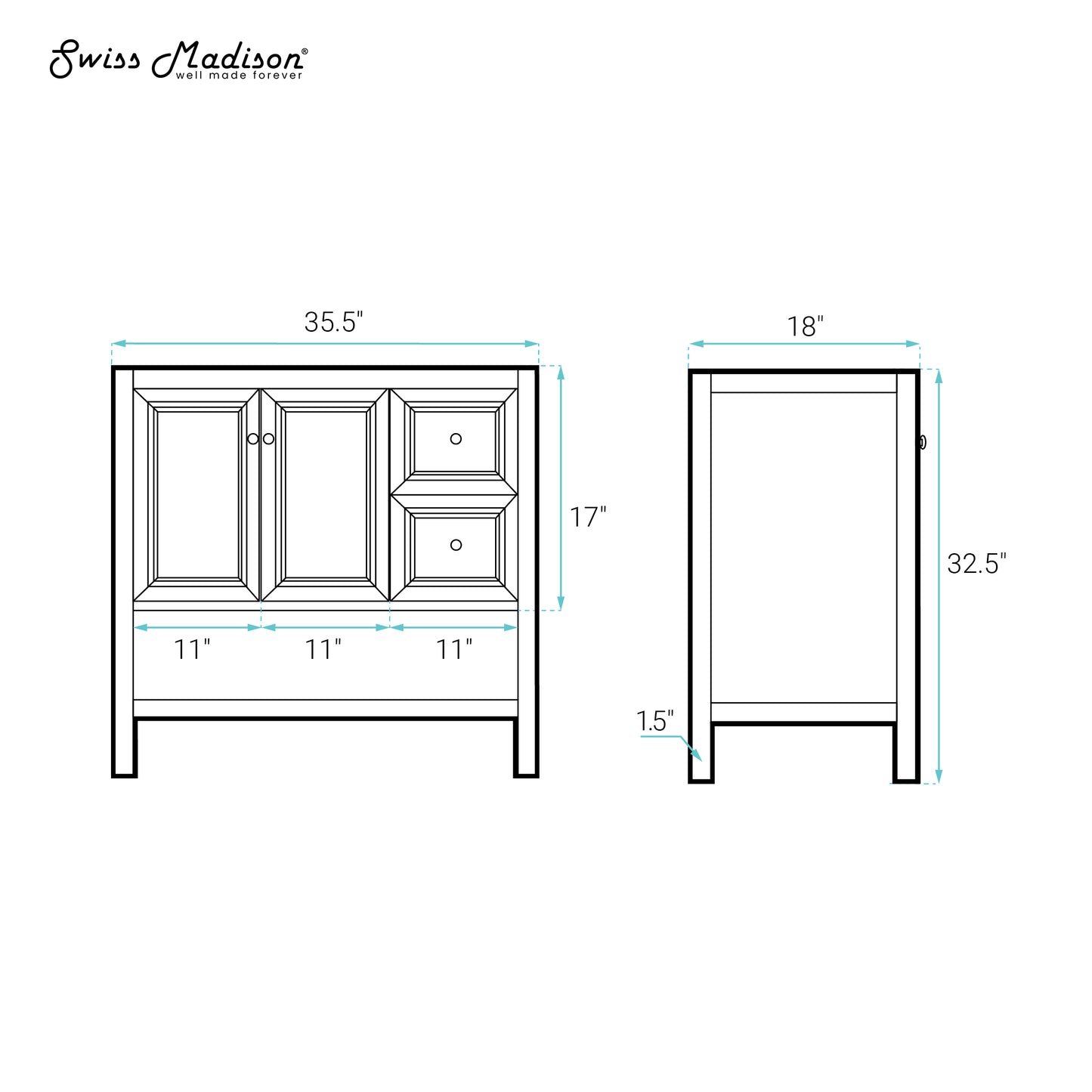 Swiss Madison, Chateau 36" Freestanding Bathroom Vanity Cabinet without Top in Black Oak
