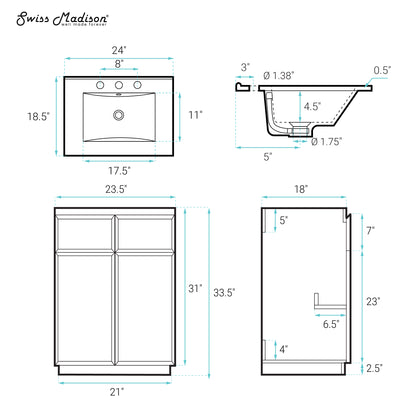 Swiss Madison, St. Tropez 24" Freestanding Bathroom Vanity in Brown Oak with Black 3-Hole Widespread Sink Top