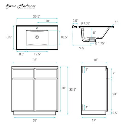 Swiss Madison, St. Tropez 36" Freestanding Bathroom Vanity in Brown Oak with Black Sink Top