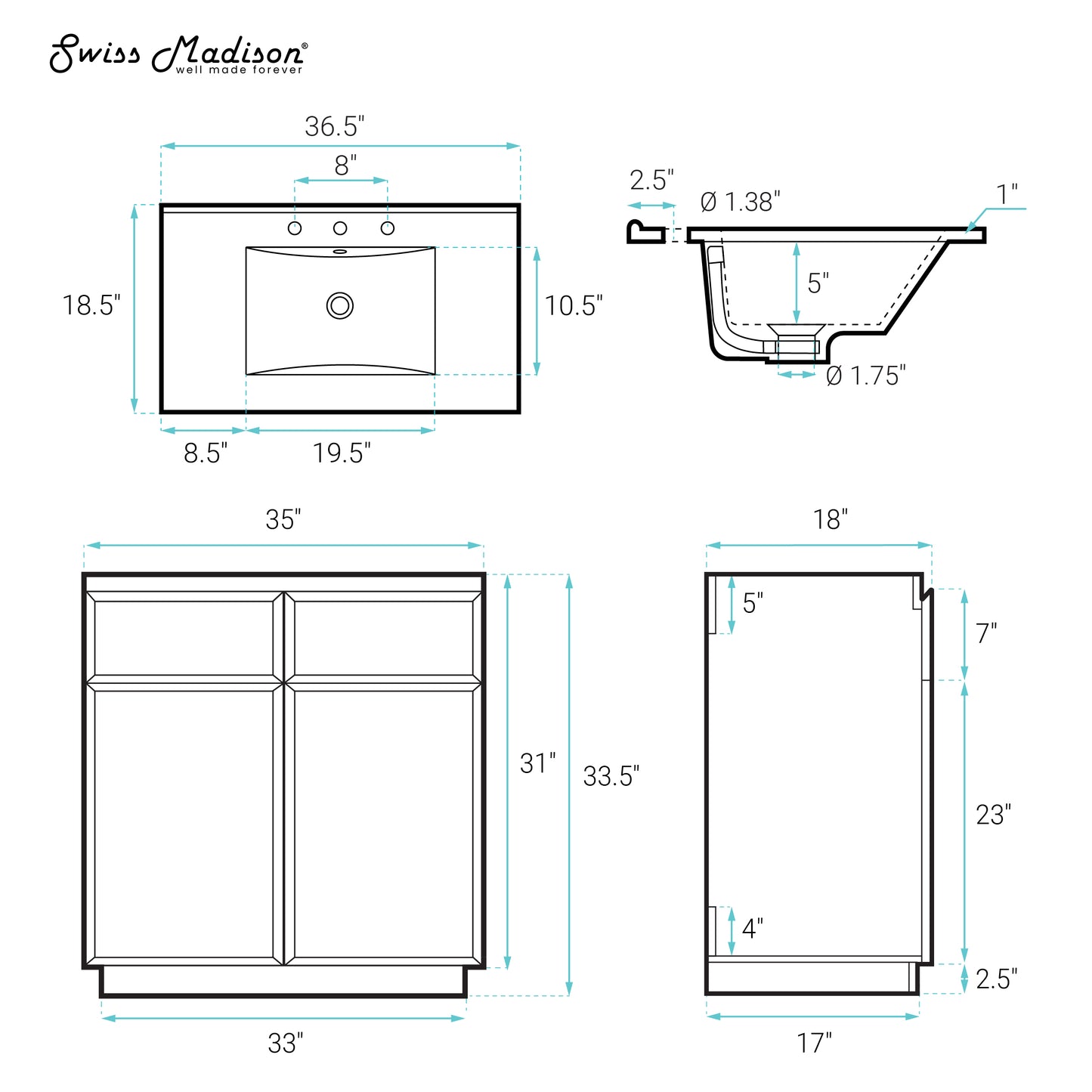 Swiss Madison, St. Tropez 36" Freestanding Bathroom Vanity in White Oak with Black 3-Hole Widespread Sink Top