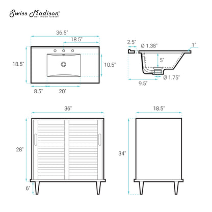 Swiss Madison, Delice 36" Freestanding Bathroom Vanity in Natural Oak with 3-Hole Widespread Sink Top