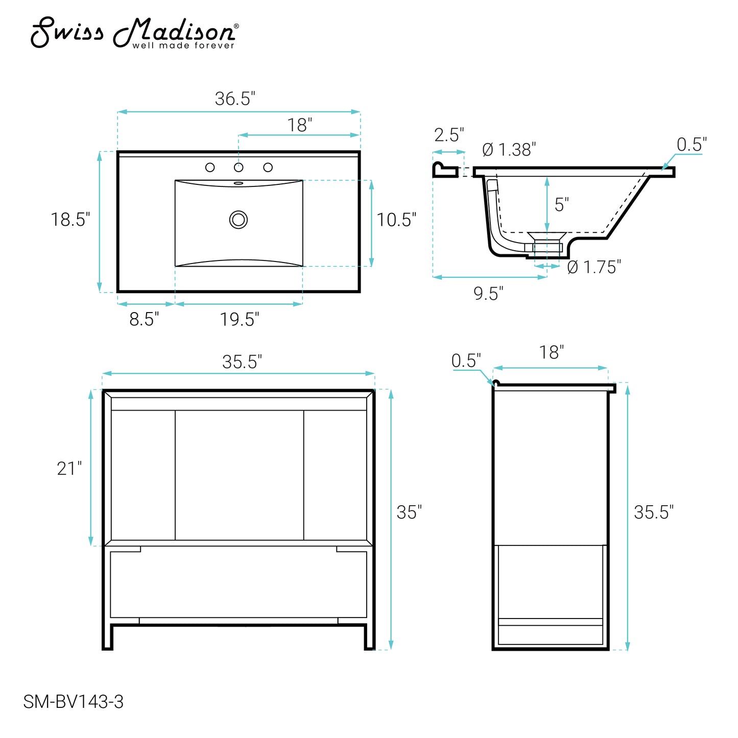 Swiss Madison, Marseille 36 in. Gray Bathroom Vanity With White, 3-Hole Ceramic Sink Top