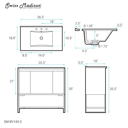 Swiss Madison, Marseille 36 in. Gray Bathroom Vanity With White, 3-Hole Ceramic Sink Top