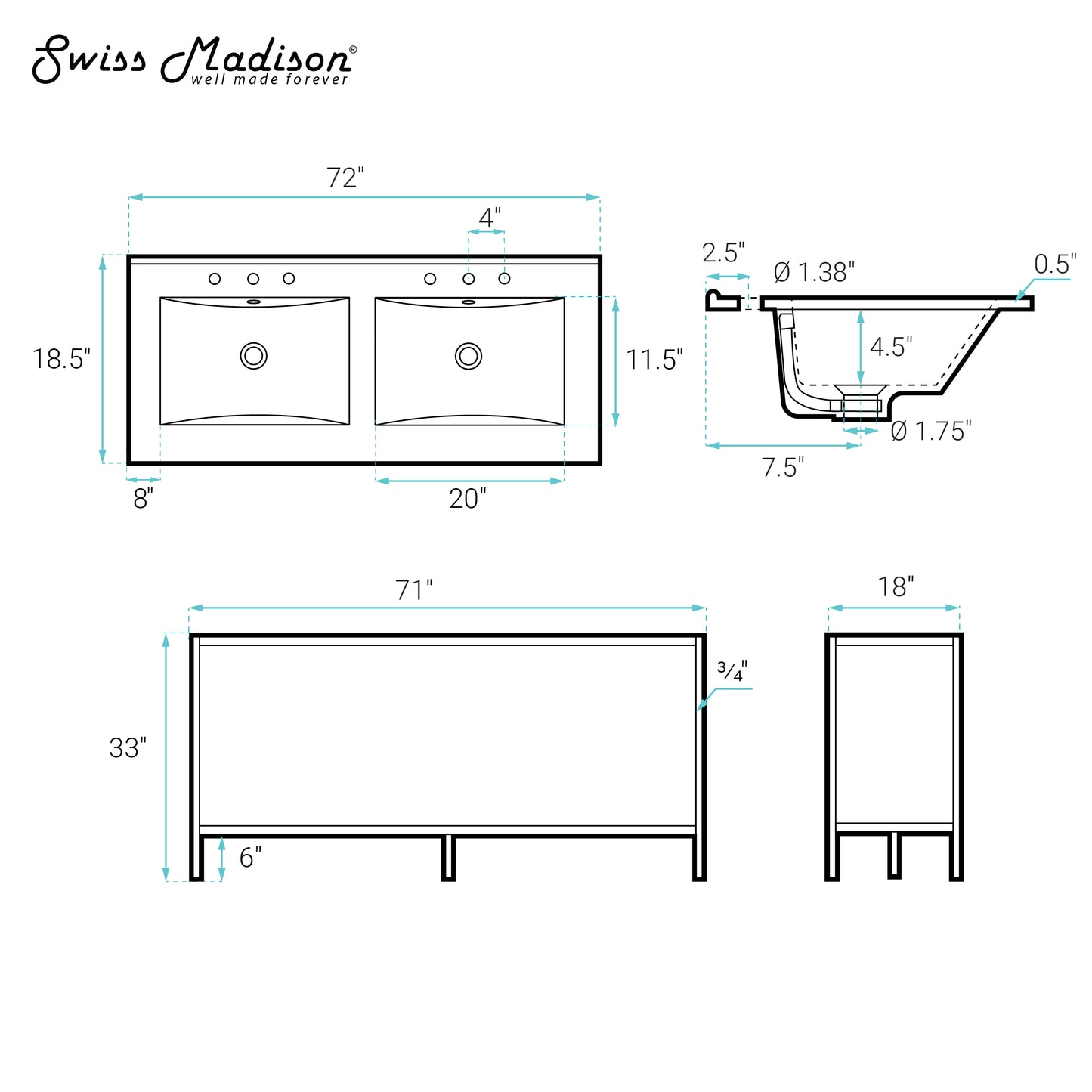 Swiss Madison, Pierre 72 Double, Freestanding, Open Shelf, Matte Black Metal Frame Bathroom Vanity