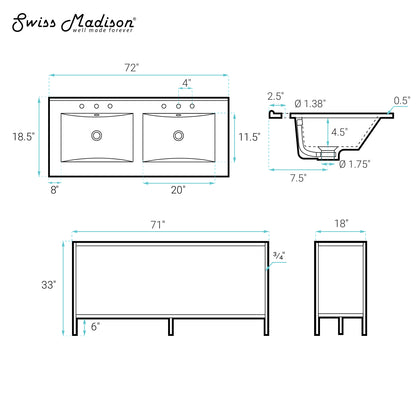 Swiss Madison, Pierre 72 Double, Freestanding, Open Shelf, Matte Black Metal Frame Bathroom Vanity