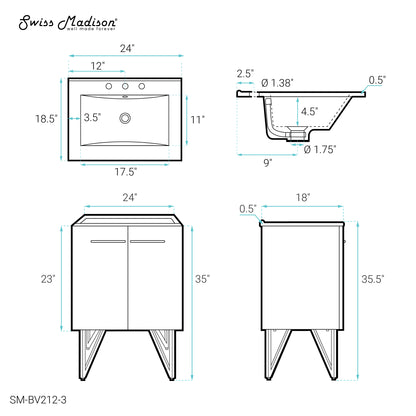 Swiss Madison, Annecy 24 in. White Bathroom Vanity With White, 3-Hole Ceramic Sink Top