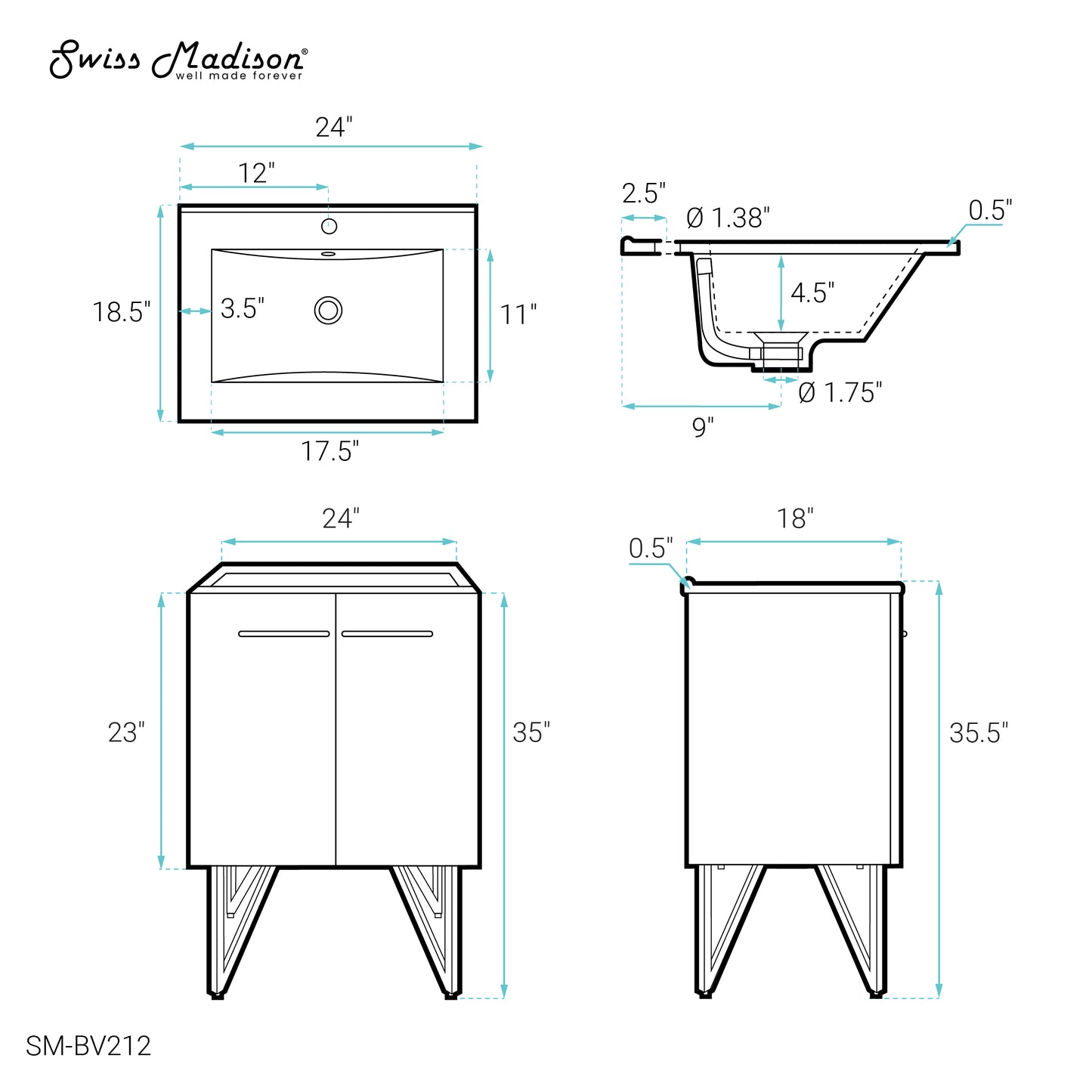 Swiss Madison, Annecy 24" Freestanding Bathroom Vanity in White with Sink Top