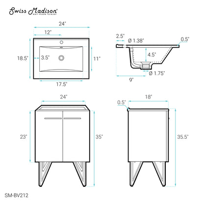 Swiss Madison, Annecy 24" Freestanding Bathroom Vanity in White with Sink Top