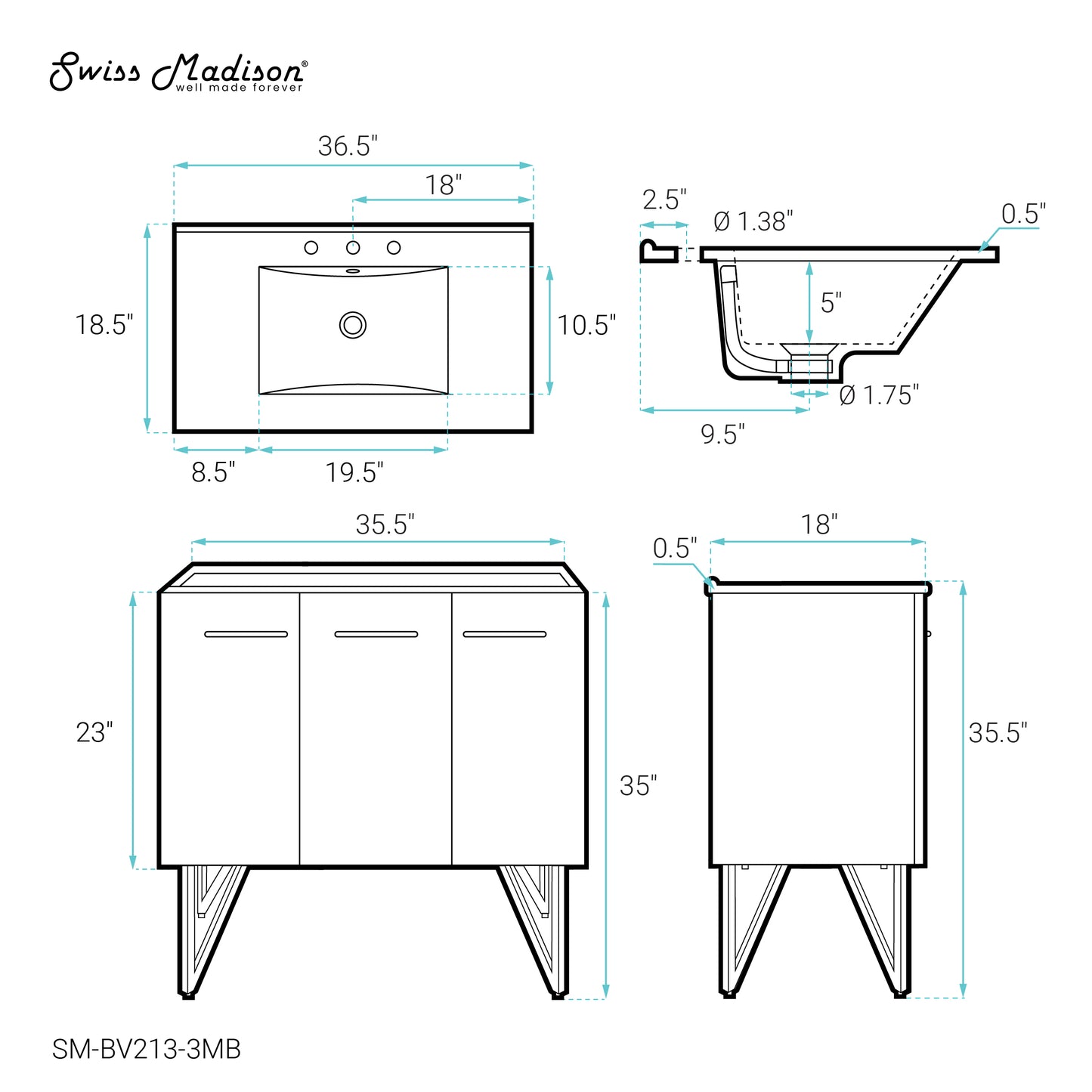 Swiss Madison, Annecy 36 in. White Bathroom Vanity With Black, 3-Hole Ceramic Sink Top