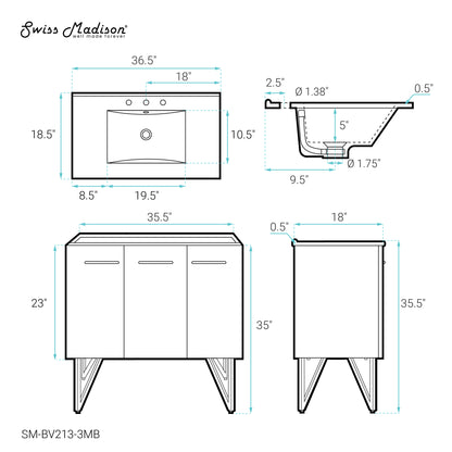 Swiss Madison, Annecy 36 in. White Bathroom Vanity With Black, 3-Hole Ceramic Sink Top