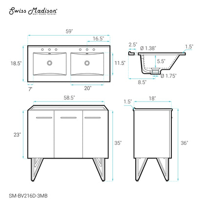 Swiss Madison, Annecy 60 in. White, Double Basin Bathroom Vanity With Black, 3-Hole Artificial Stone Sink Top