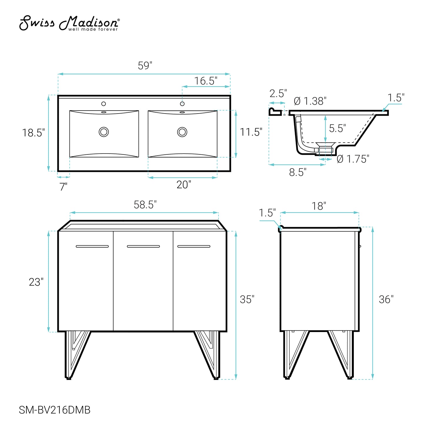 Swiss Madison, Annecy 60 in. White, Double Basin Bathroom Vanity With Black Artificial Stone Sink Top