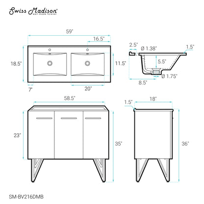 Swiss Madison, Annecy 60 in. White, Double Basin Bathroom Vanity With Black Artificial Stone Sink Top