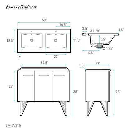 Swiss Madison, Annecy 60" Freestanding Bathroom Vanity in White with Sink Top