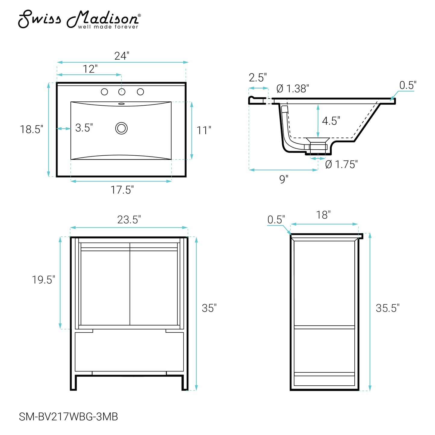 Swiss Madison, Marseille 24 in. White Bathroom Vanity With Black, 3-Hole Ceramic Sink Top