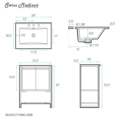 Swiss Madison, Marseille 24 in. White Bathroom Vanity With Black, 3-Hole Ceramic Sink Top