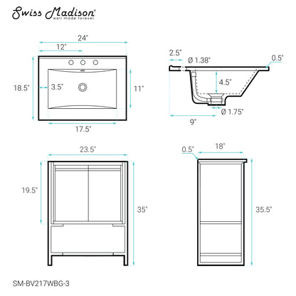 Swiss Madison, Marseille 24 in. White Bathroom Vanity With White, 3-Hole Ceramic Sink Top