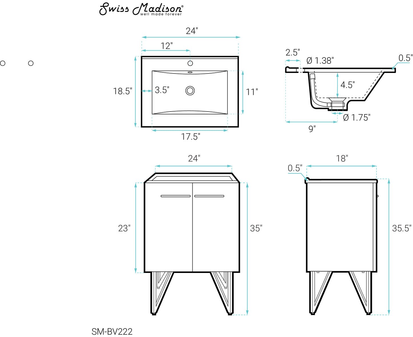 Swiss Madison, Annecy 24" Freestanding Bathroom Vanity in Black Walnut with Sink Top