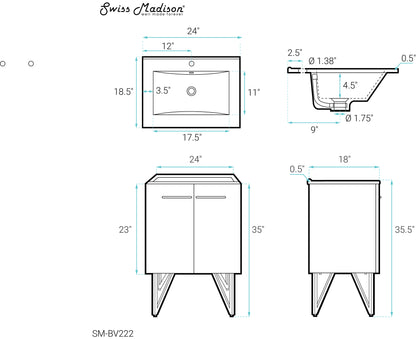 Swiss Madison, Annecy 24" Freestanding Bathroom Vanity in Black Walnut with Sink Top