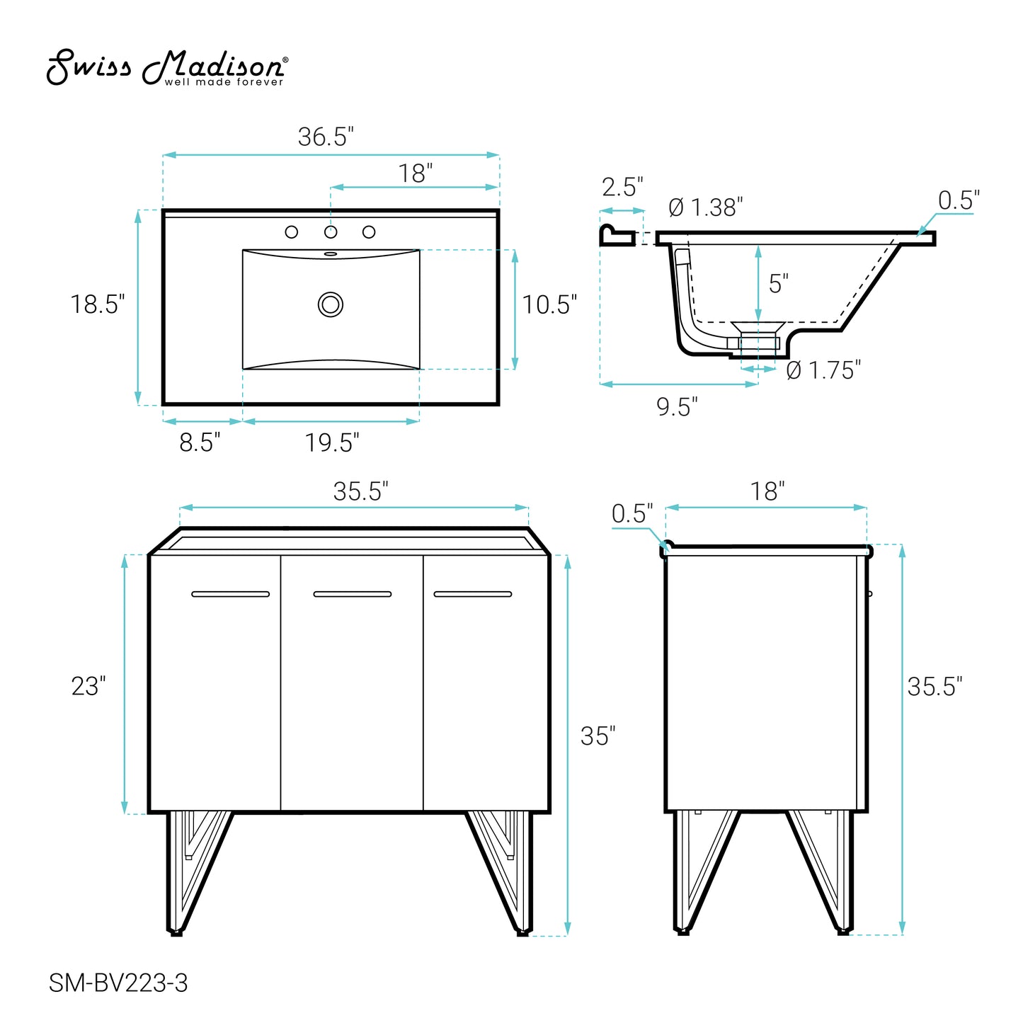 Swiss Madison, Annecy 36 in. Black Walnut Bathroom Vanity With White, 3-Hole Ceramic Sink Top