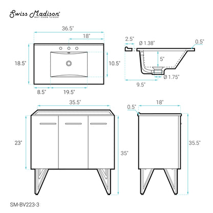 Swiss Madison, Annecy 36 in. Black Walnut Bathroom Vanity With White, 3-Hole Ceramic Sink Top