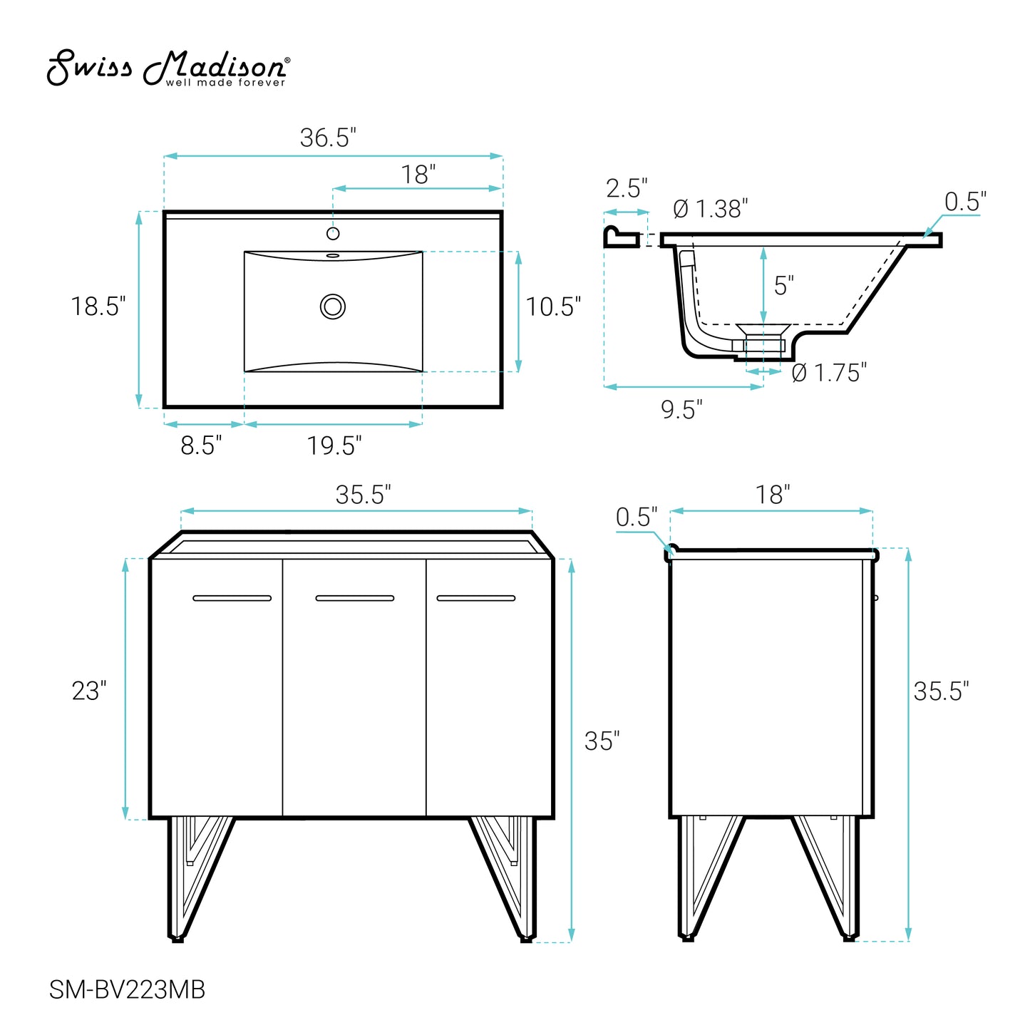 Swiss Madison, Annecy 36 in. Black Walnut Bathroom Vanity With Black Ceramic Sink Top