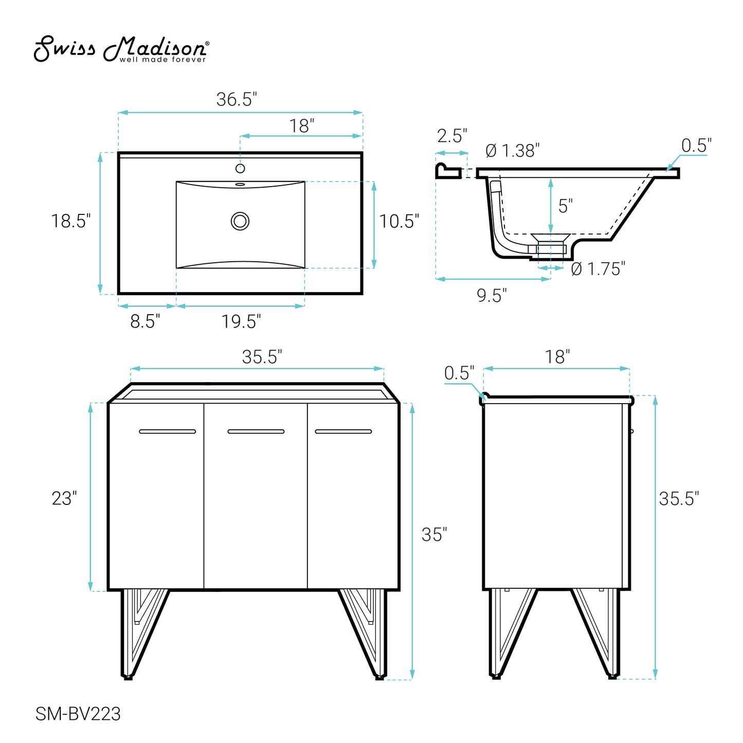 Swiss Madison, Annecy 36" Freestanding Bathroom Vanity in Black Walnut with Sink Top